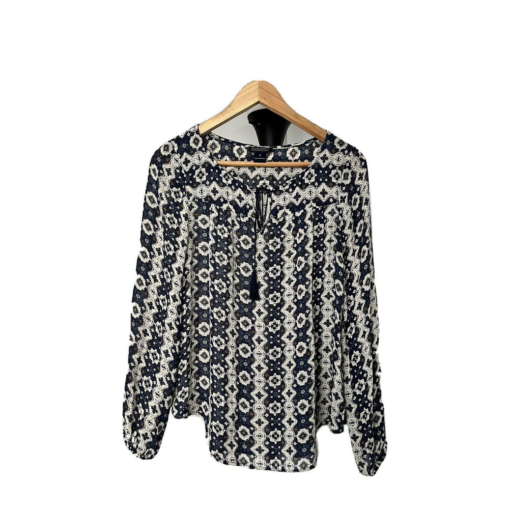 Boho Printed Long-Sleeve Peasant Blouse in Navy and Cream